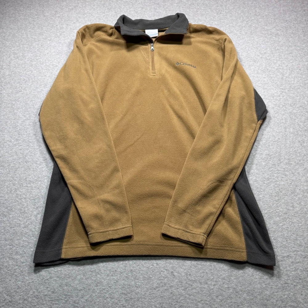 Columbia Mens Medium 1/4 Zip Fleece Pullover Tan Brown Charcoal Gray Mock Neck